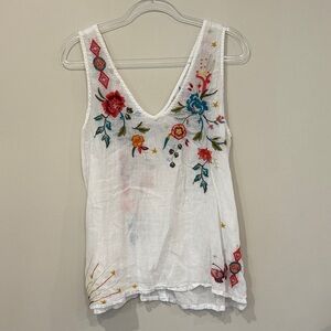 Johnny Was White V-Neck Embroidered Floral Tank Butterfly Sun